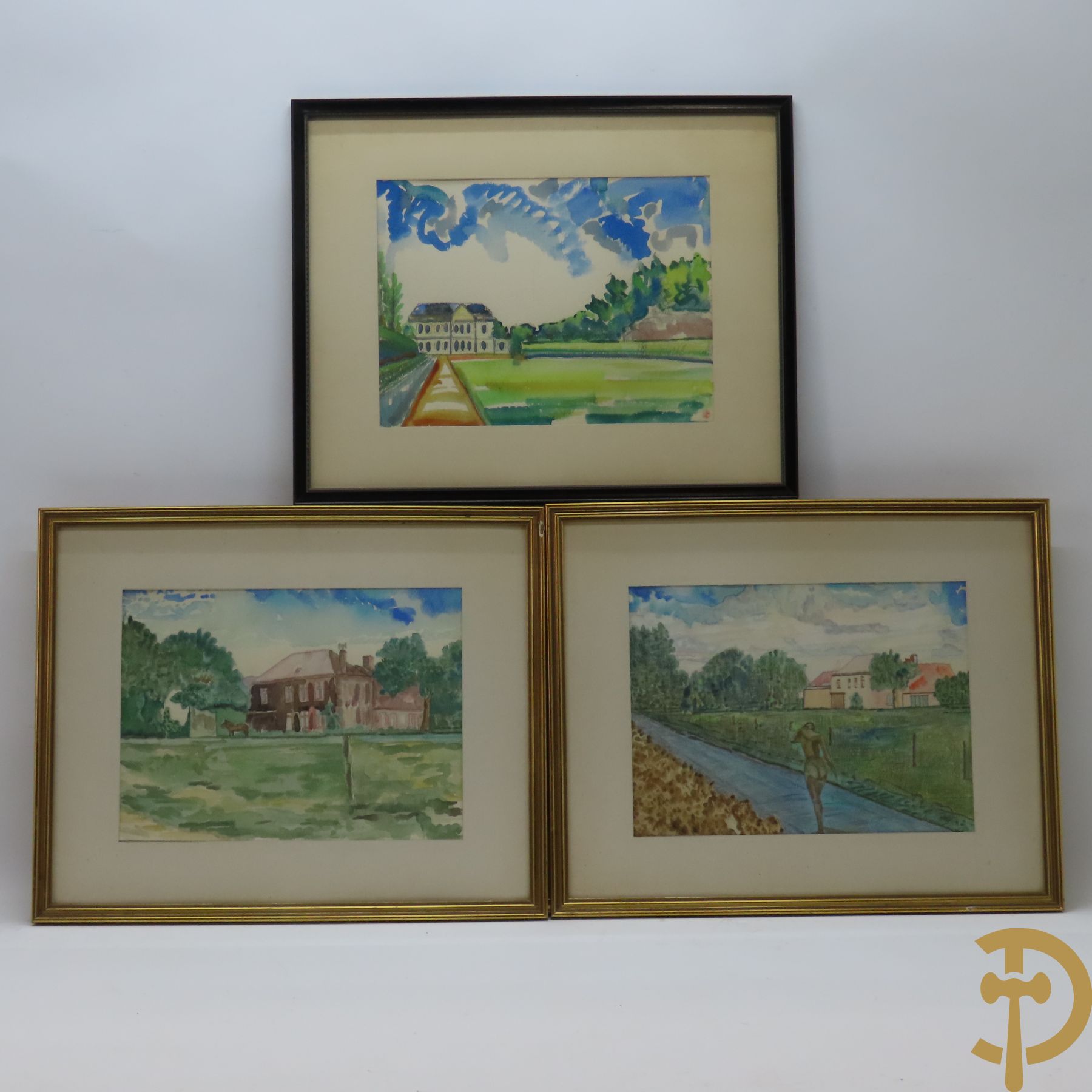 VAN VLAANDEREN prins Karel verso getekend 'Naakte dame op wandel langs huis' aquarel + VAN VLAANDEREN Karel gestempeld 1959 'Chateau Stuyvenberg' aquarel + VAN VLAANDEREN Karel (van) 'Landgoed met paard' aquarel