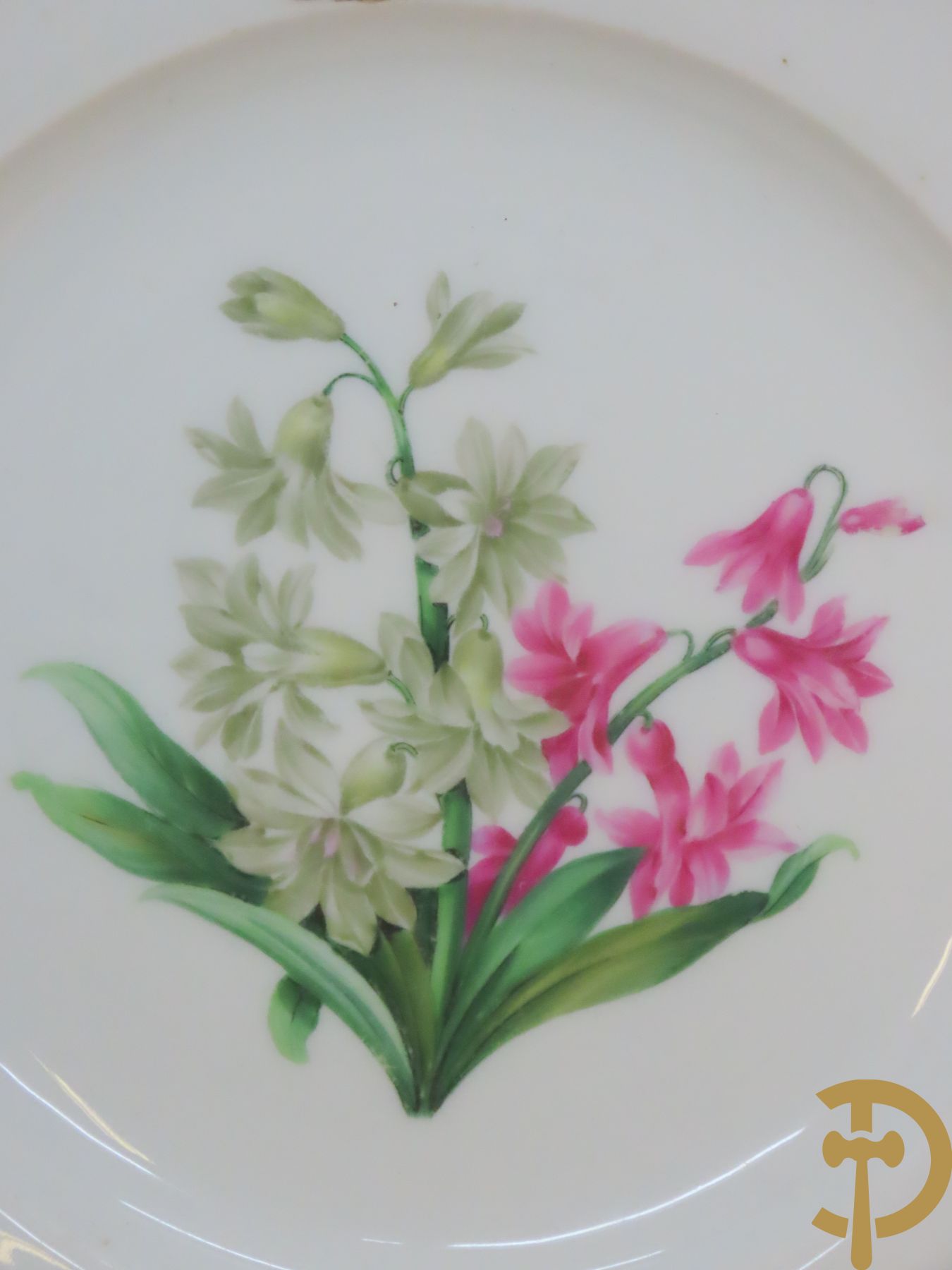 Zes porseleinen borden onder gemerkt met zwaarden / Meissen : 1 bord met stadstafereel, 1 verlucht bord met drakendecor, 1 bord met vogeldecor, 1 met bloemen en 2 met bloemendecor omgeven door vergulde rand