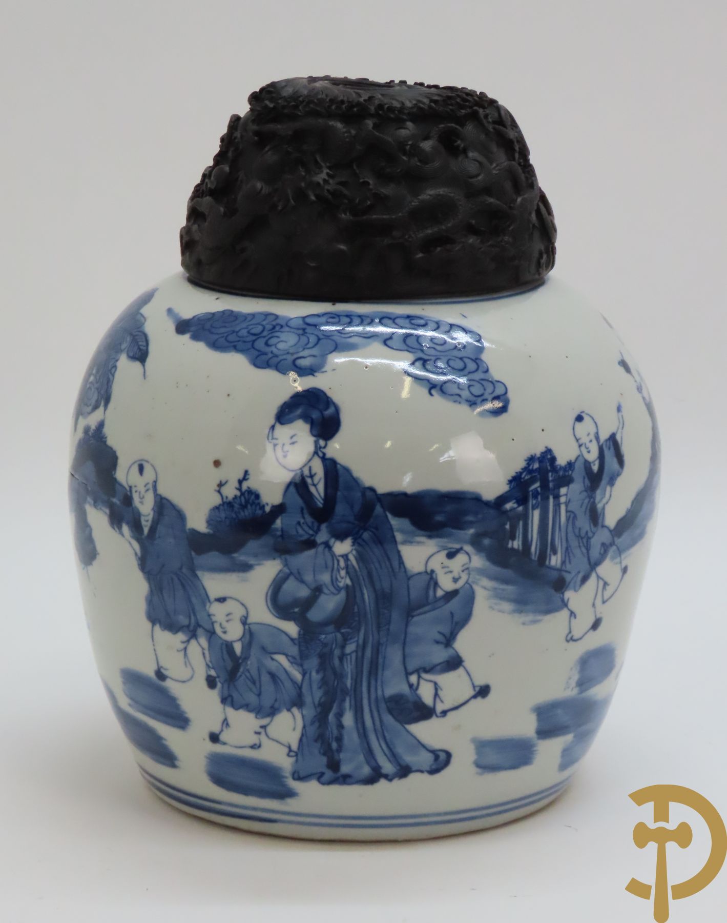 Chinese porseleinen blauwe gemberpot met geanimeerd decor, 19e