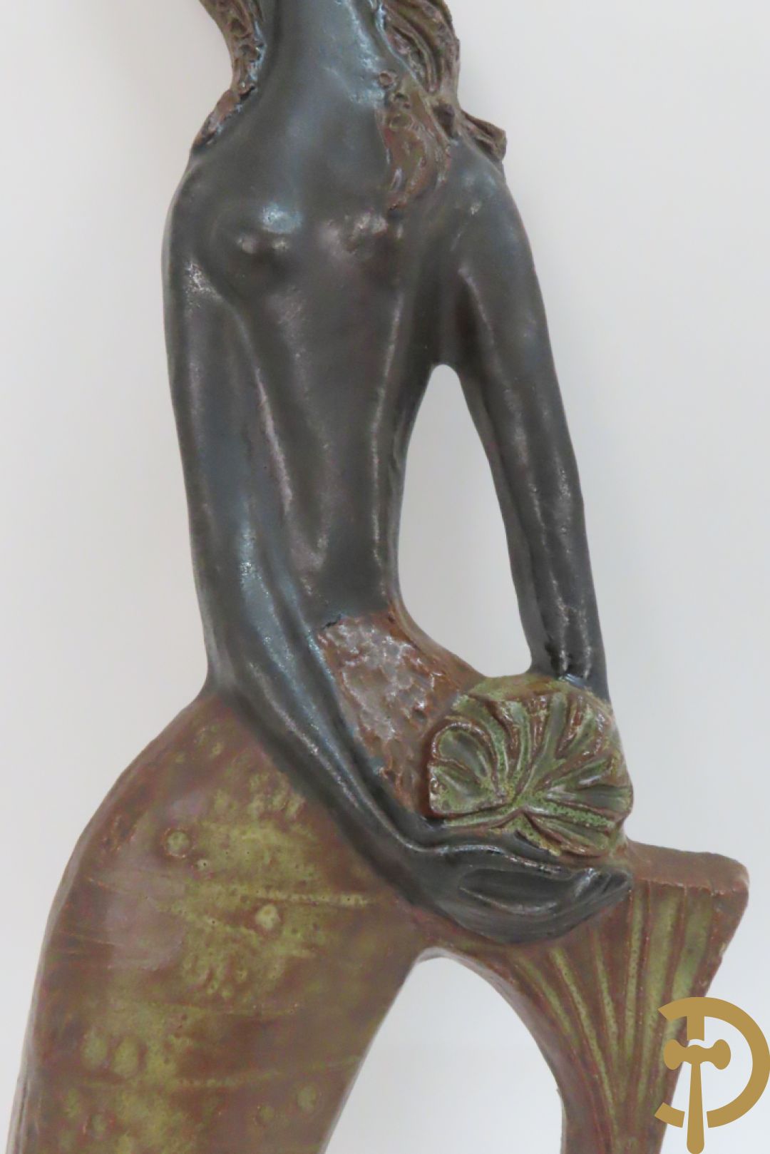 Moderne keramieken kleurrijke vintage coupe, gemerkt Perignem + Keramiek beeld van zeemeermin,  Amfora Vandeweghe