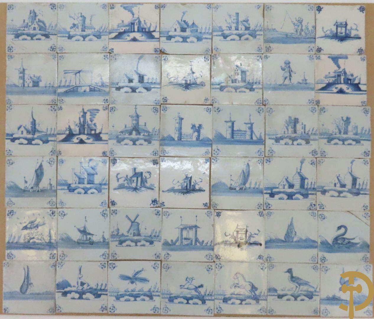 Set oude Delftse tegeltjes met landschappen, waterputten, kastelen, ...