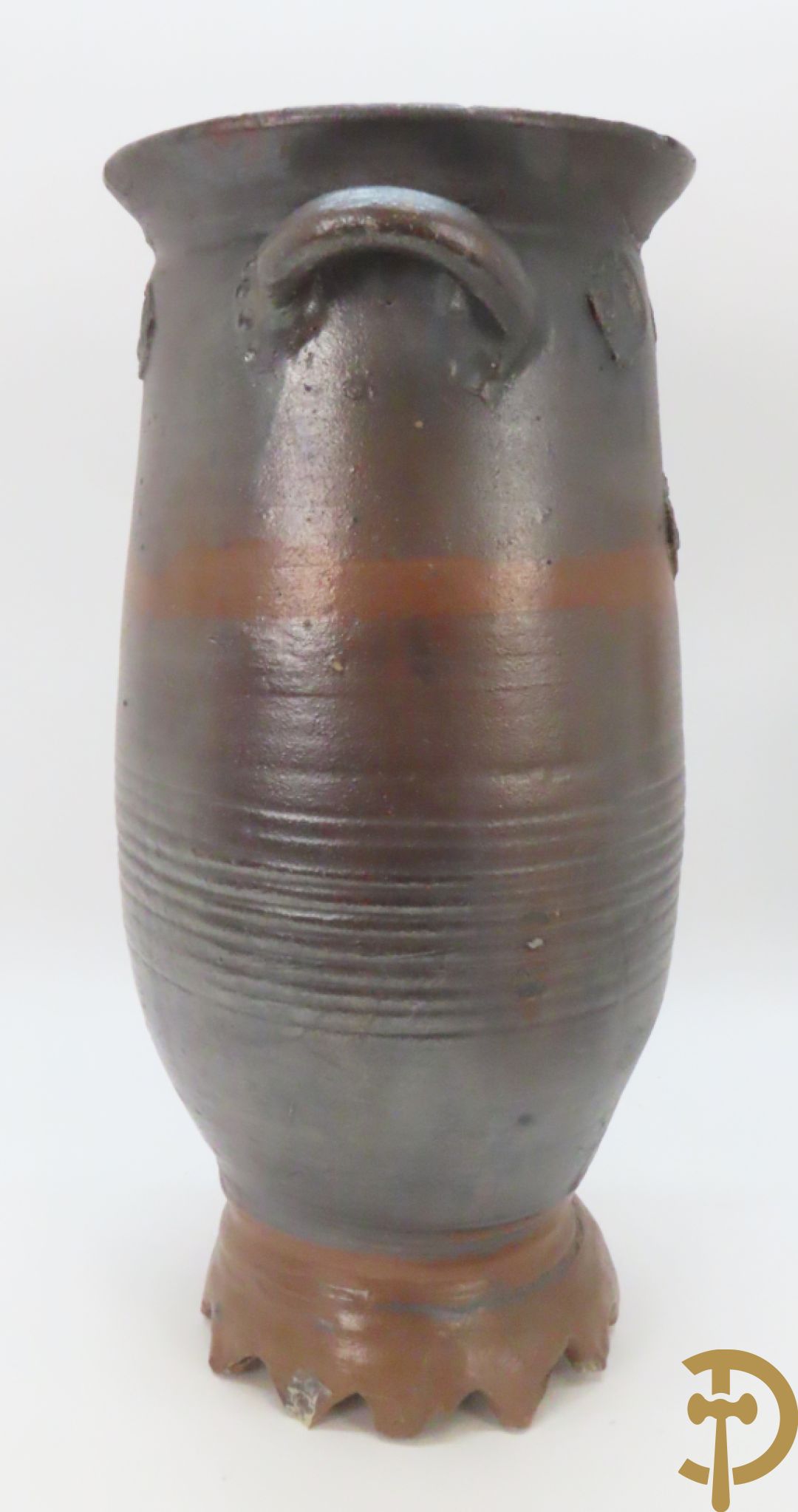 Langerwehe steengoed kruik + twee steengoed veldkruiken +Keulse dekselkan + bronzen mortier met stamper