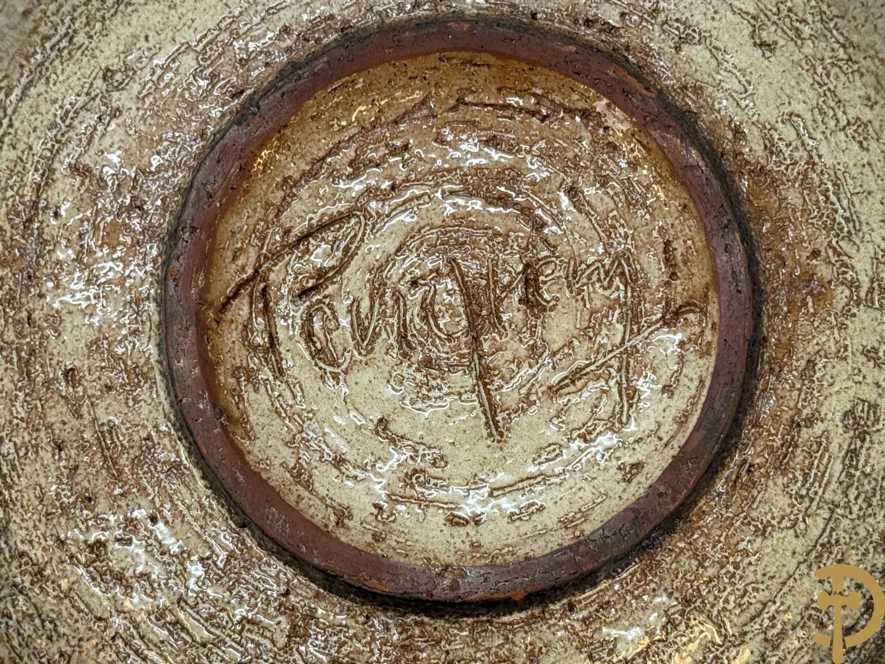 Grote vintage ronde keramieken vaas met geometrische motieven en glazuur, Perignem