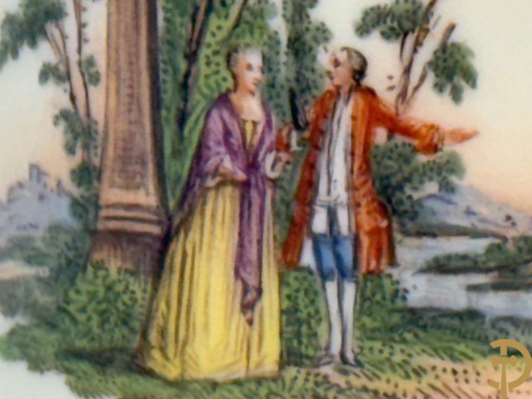 Porseleinen kopje met schoteltje met zeer fijn handbeschilderd geanimeerd landschapsdecor omgeven door bloemen, onderaan gemerkt Sint Petersburg (Alex I 1801-1825)