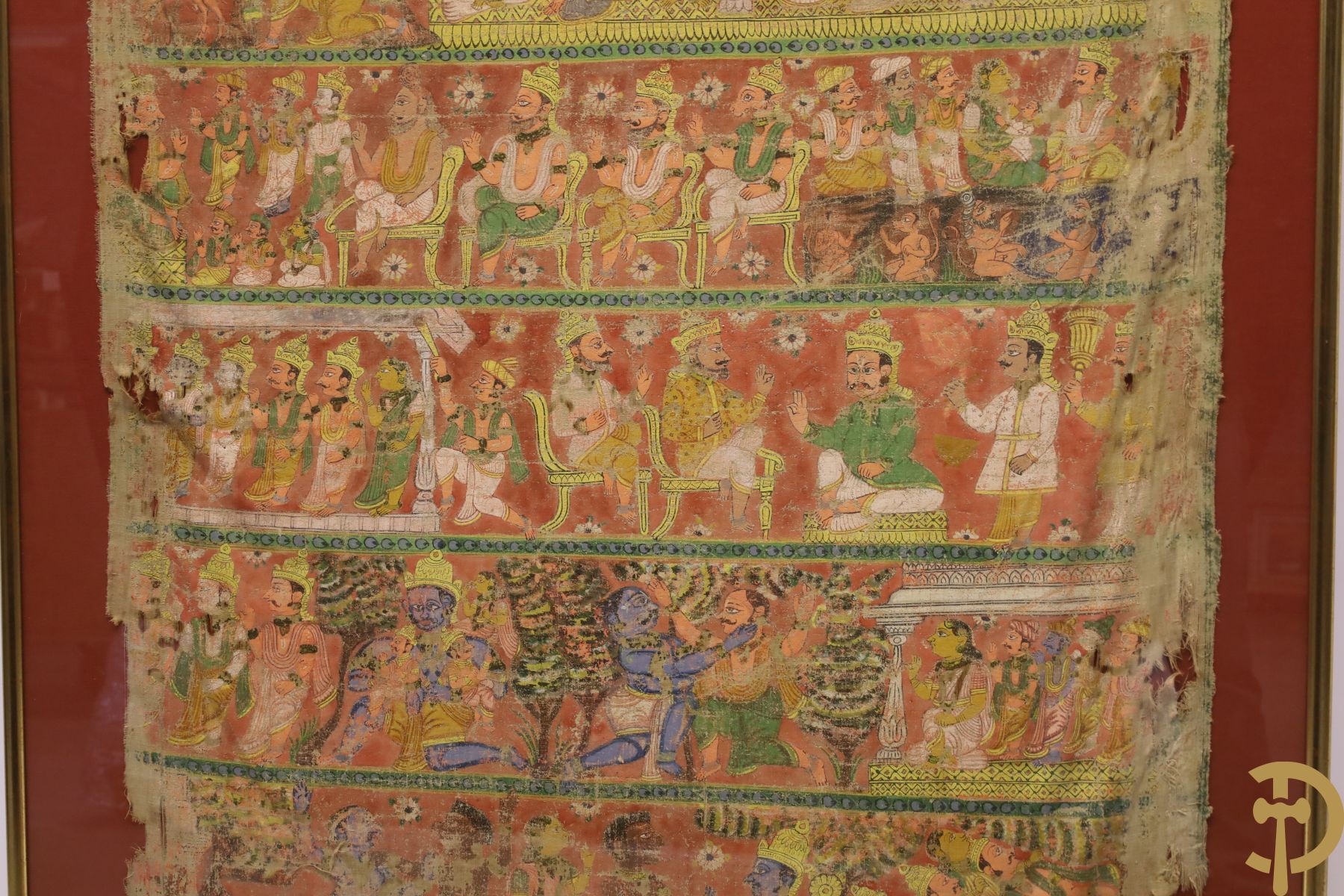 Antiek Indisch handbeschilderd doek met figuren, Shiva, 18e - 19e