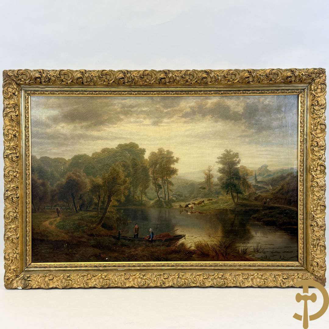STEVENS R. getekend 'Geanimeerd glooiend landschap met dorpszicht, rivier en koeien' olie op doek