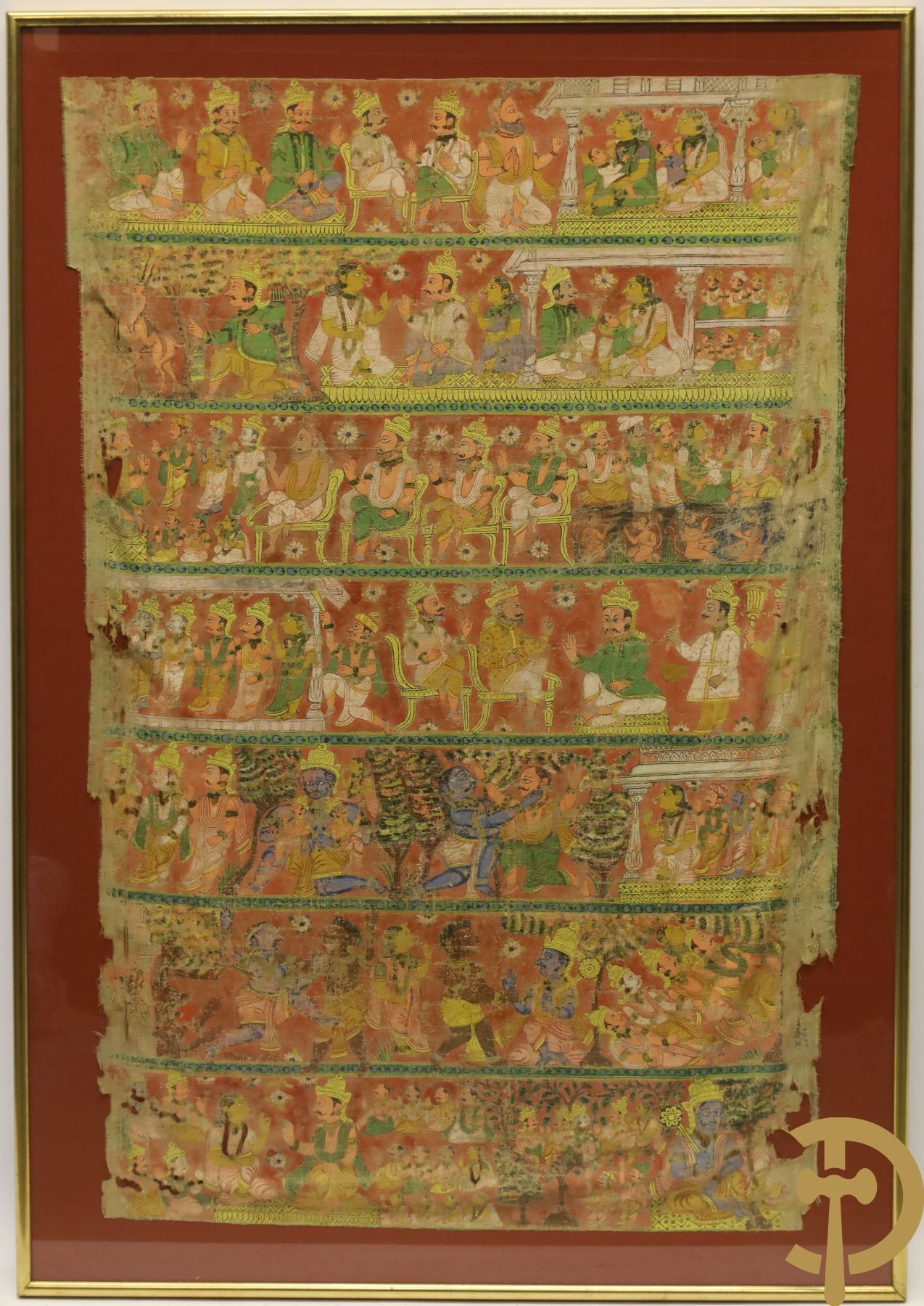 Antiek Indisch handbeschilderd doek met figuren, Shiva, 18e - 19e