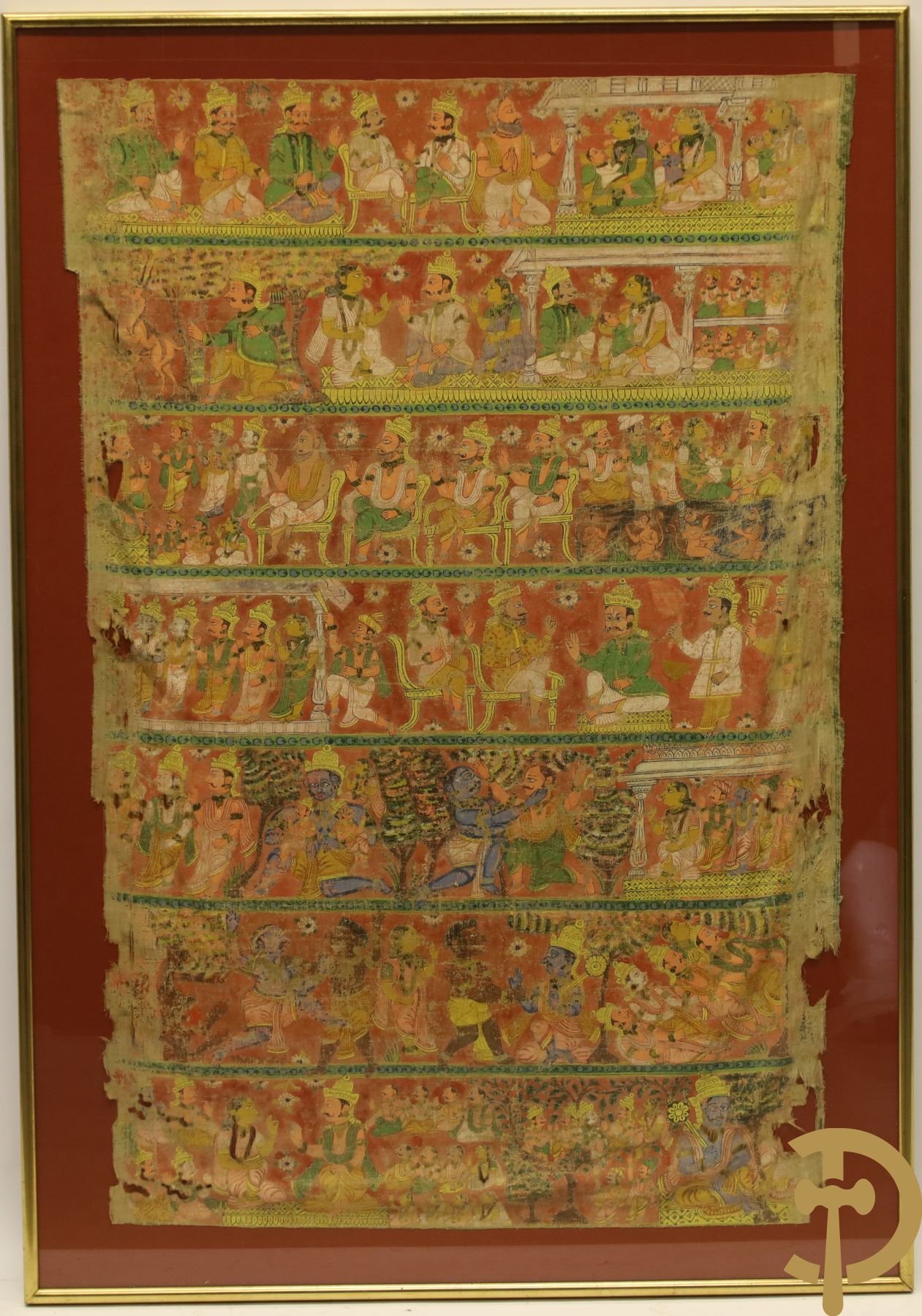 Antiek Indisch handbeschilderd doek met figuren, Shiva, 18e - 19e