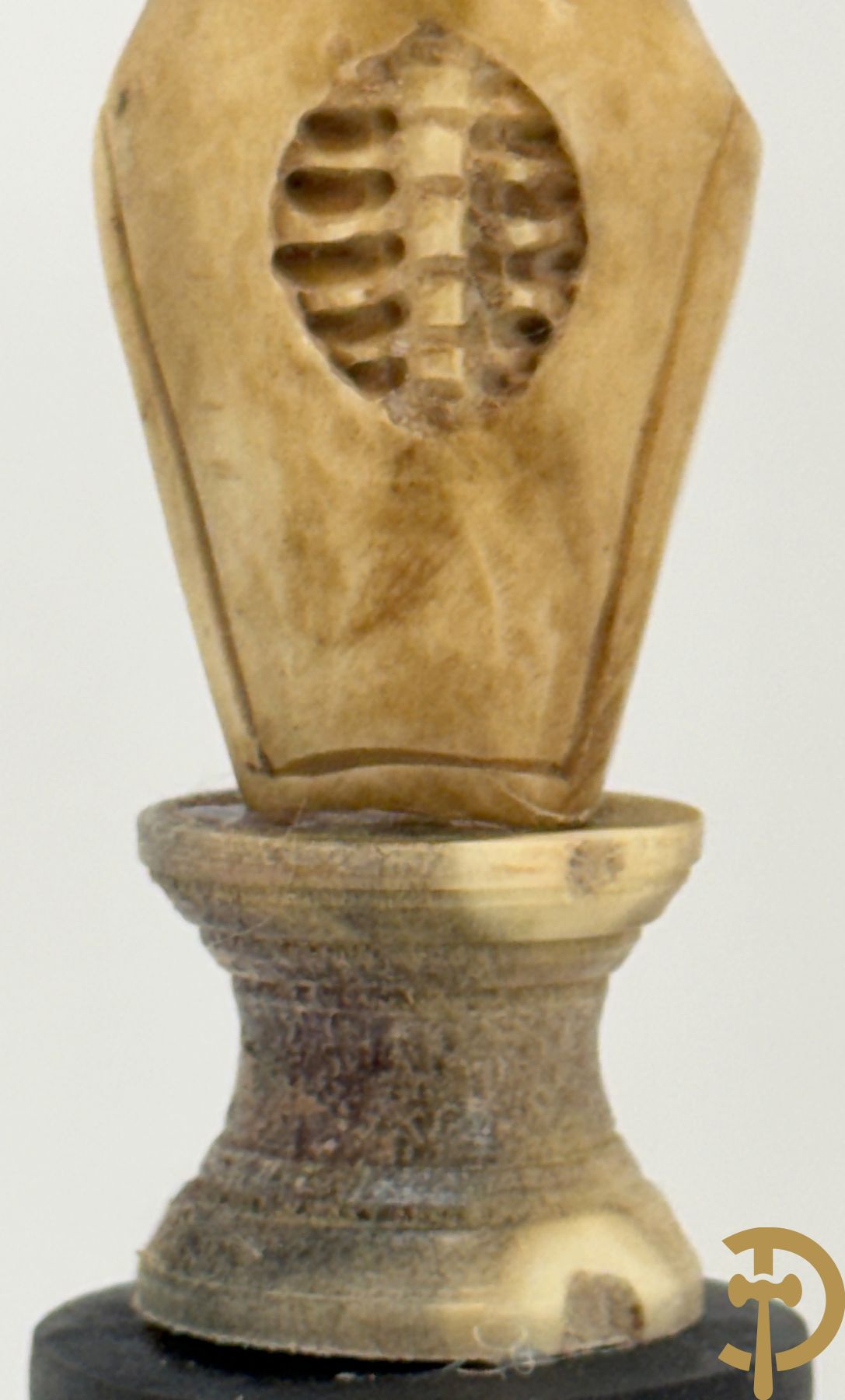 Twee handgesculpteerde hertegeweien in de vorm van een doodskop onder globe