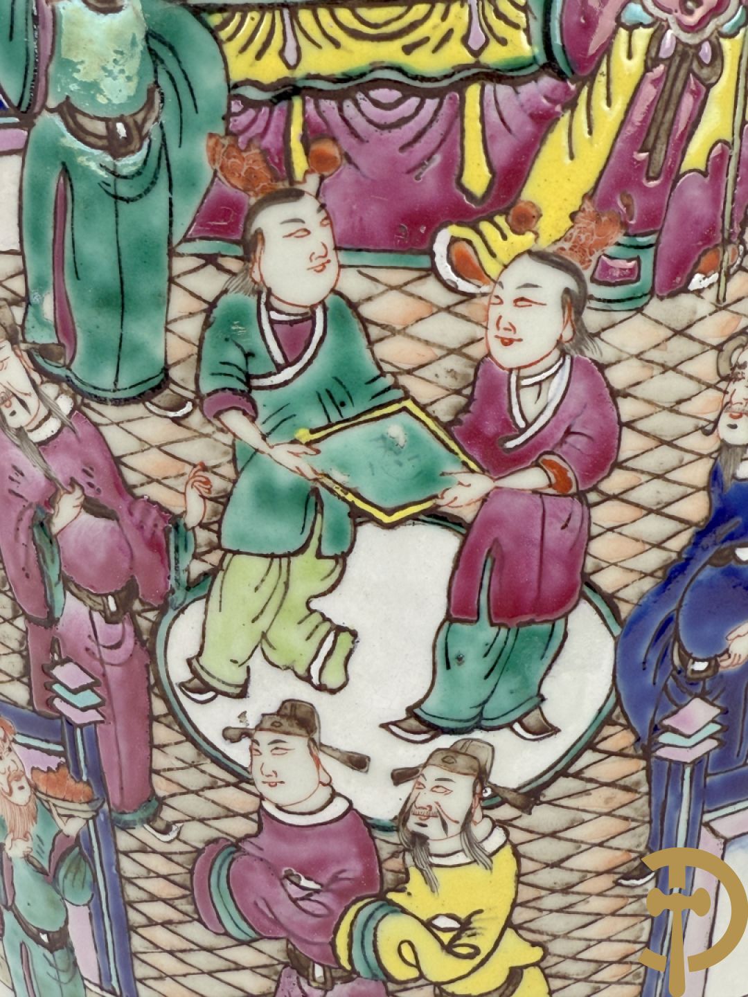 Chinese porseleinen vaas met dubbel decor van geanimeerd interieurzicht en mannen op paarden