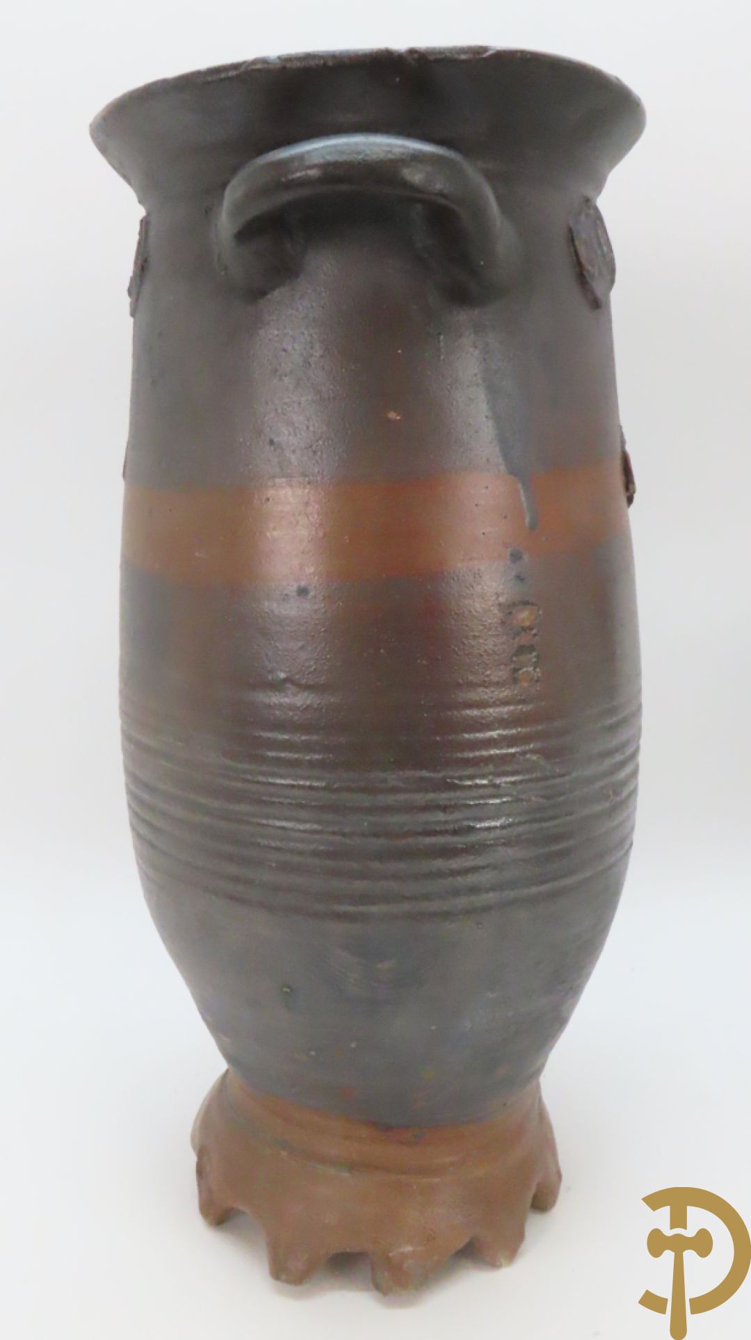 Langerwehe steengoed kruik + twee steengoed veldkruiken +Keulse dekselkan + bronzen mortier met stamper