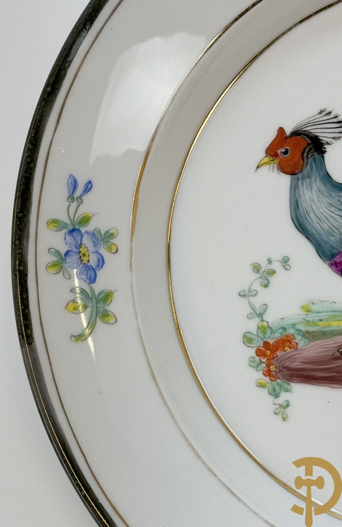 Paar handgekleurde Franse porseleinen borden met vogeldecor, 19e