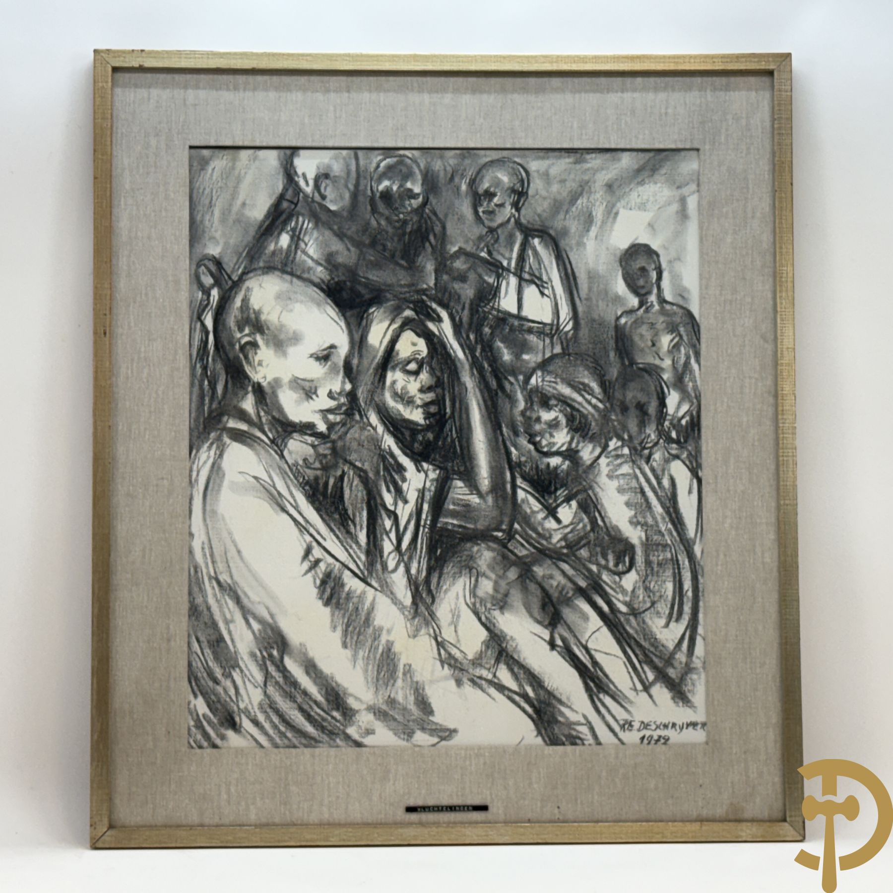 DESCHRYVER Re. getekend 1972 'Vluchtelingen' houtskooltekening