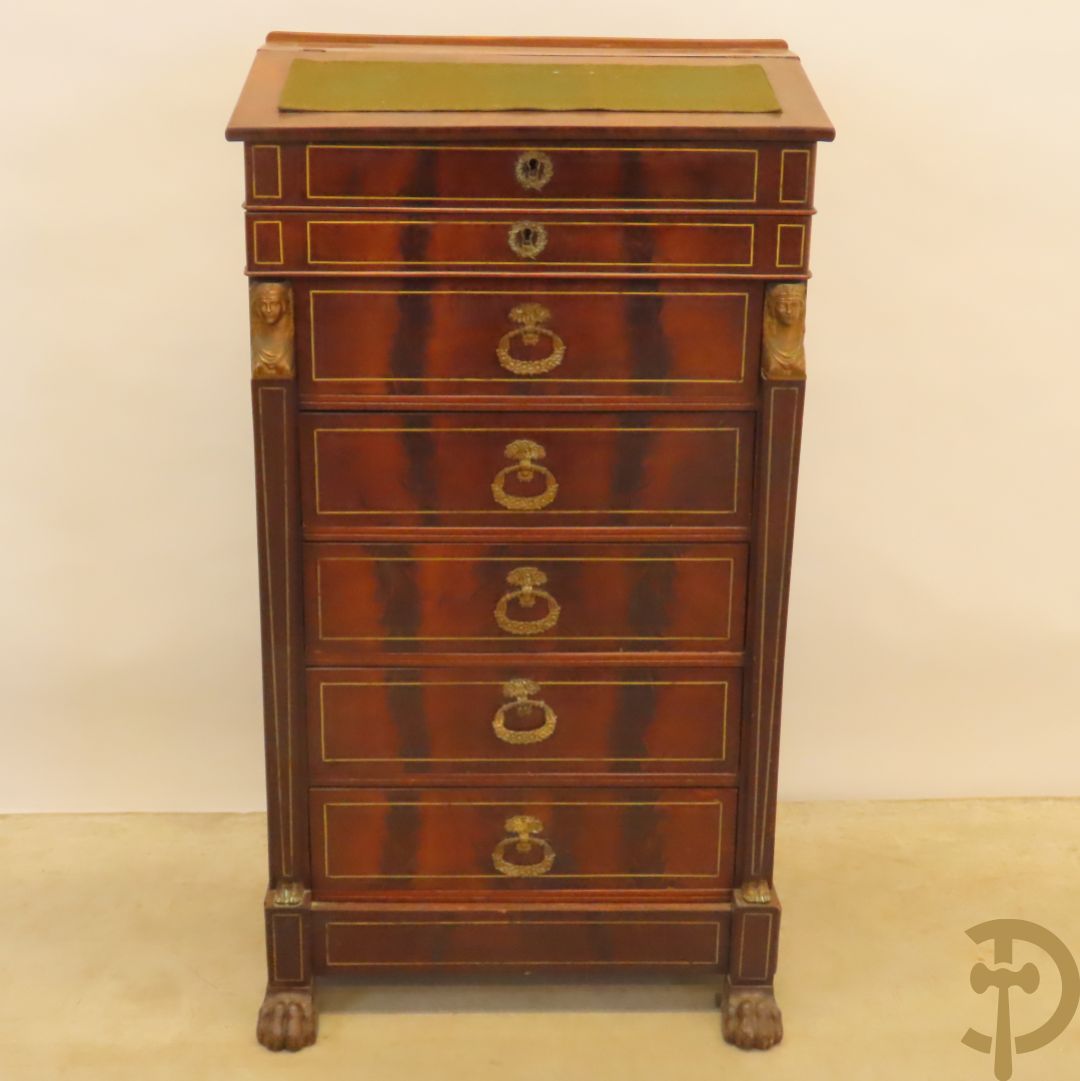 Mahoniehouten zesladenkast met schrijfblad bovenaan, Empire