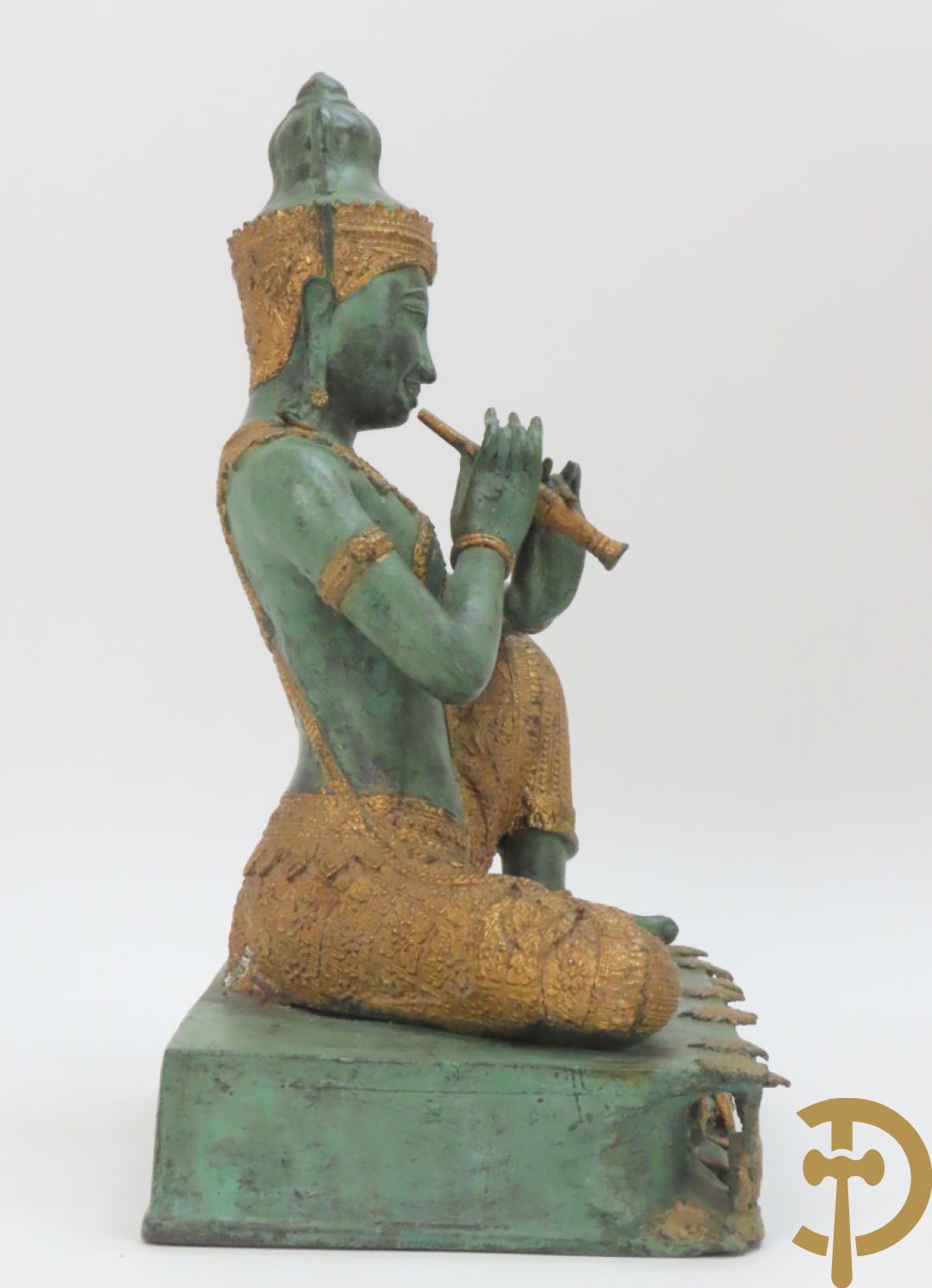 Bronzen Thibetaanse fo-hond als lampadaire + 2 bronzen musicerende boedhistische figuren