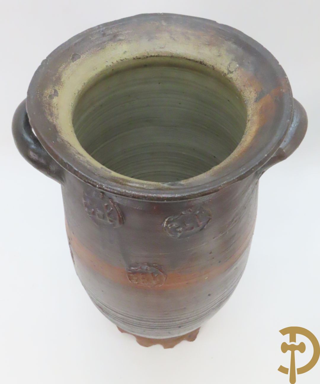 Langerwehe steengoed kruik + twee steengoed veldkruiken +Keulse dekselkan + bronzen mortier met stamper