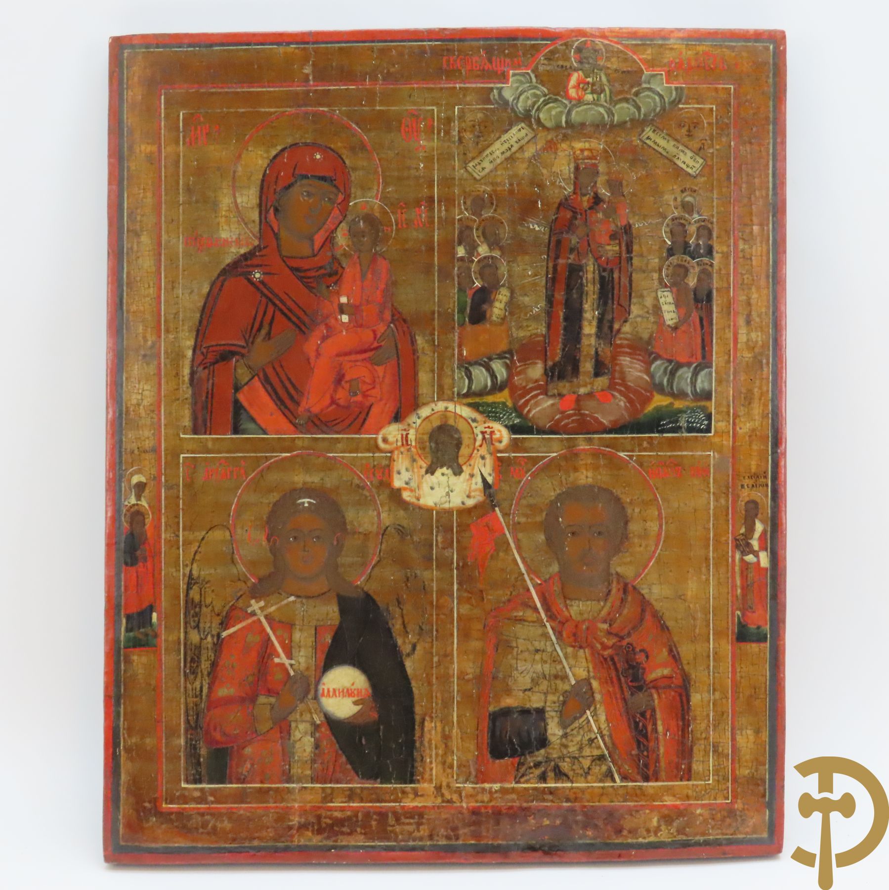 Grote vierdelige Russische ikoon 'Moeder Maria, engel en St.Michael'