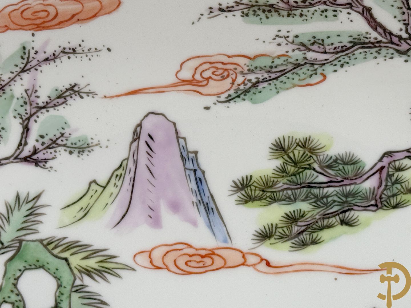 Porseleinen Chinese schotel met decor van wijsgeren in landschap