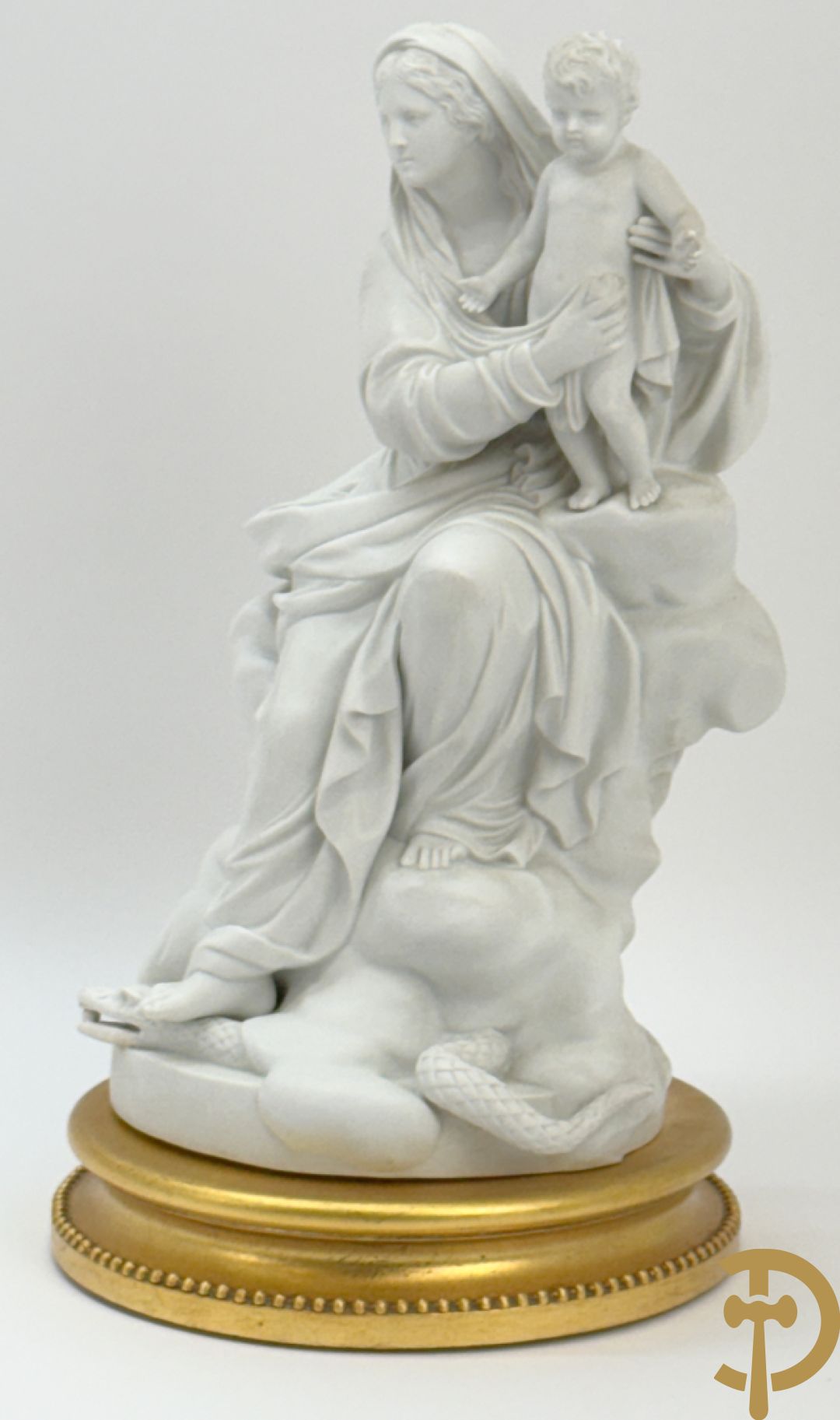 Boizet getekend, witte biscuit van Madonna met kind steunende op slang, gemerkt Sèvres, op vergulde sokkel