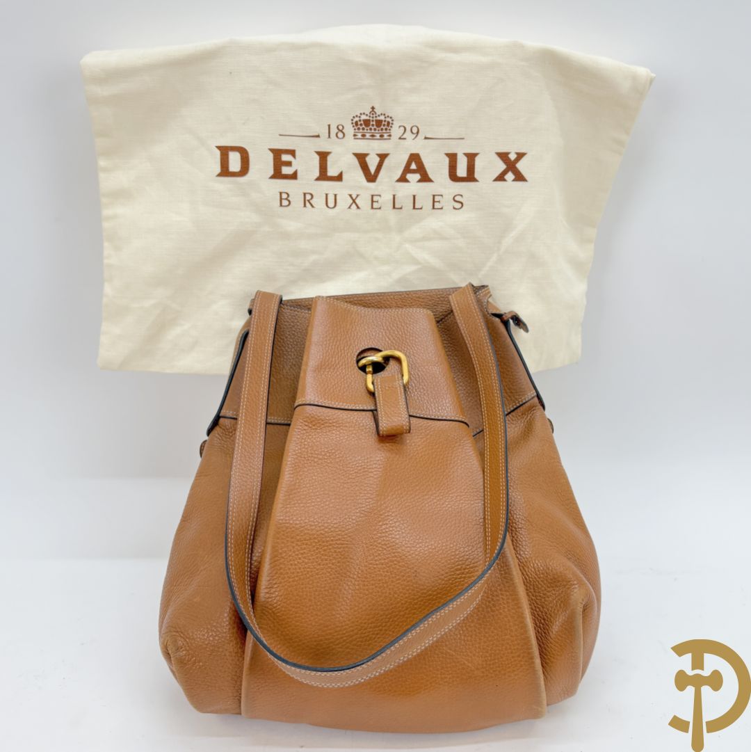Cognac lederen schoudertas Faust Delvaux met bijhorende stoffen zak