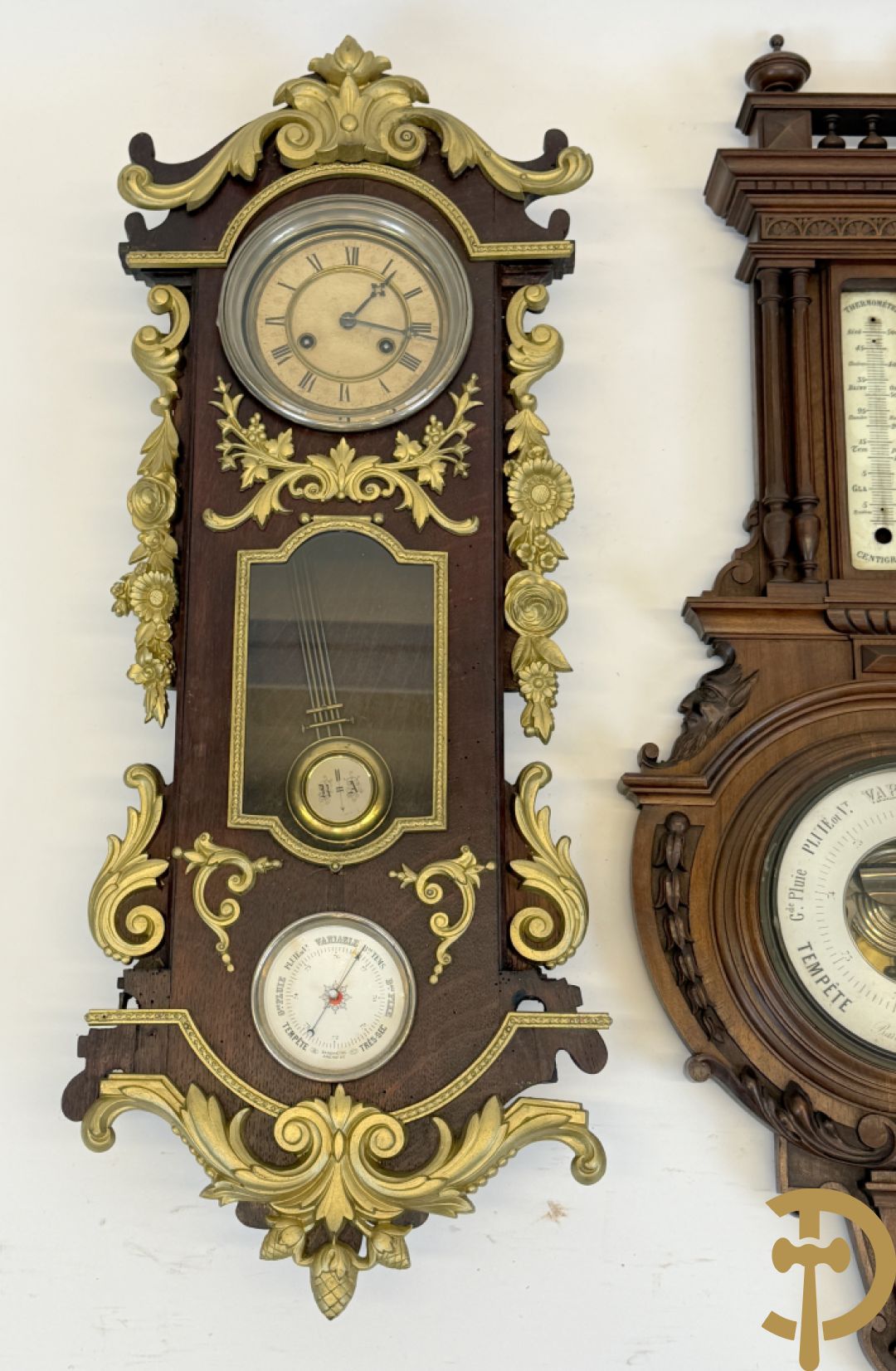 Notelaren barometer + reglateur met barometer + metalen touwtjesklok