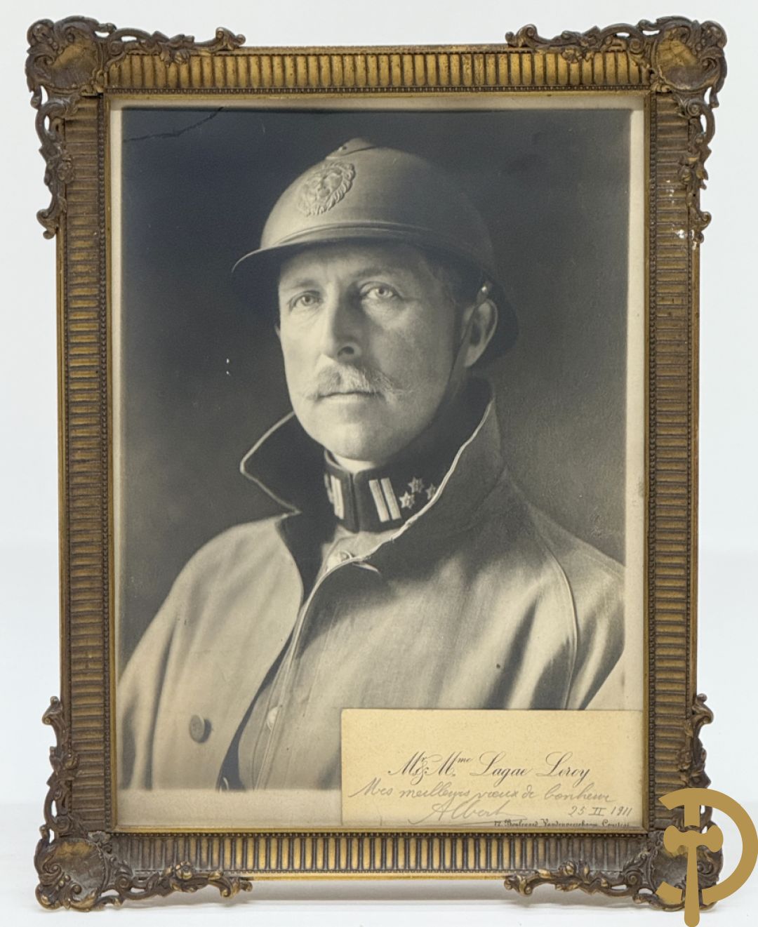 Portret van Albert I + eigenhandig getekend adreskaartje 