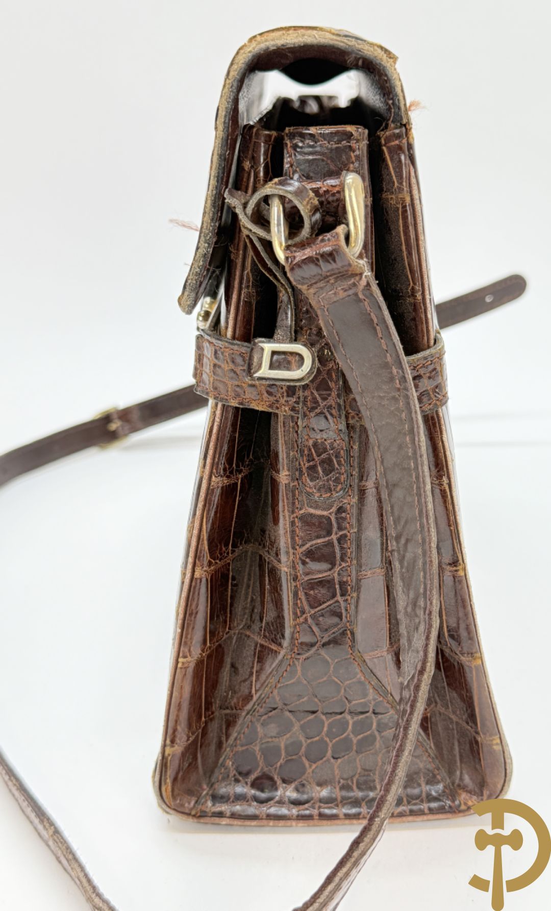 Vintage Delvaux handtas in kroko in bijhorende zak