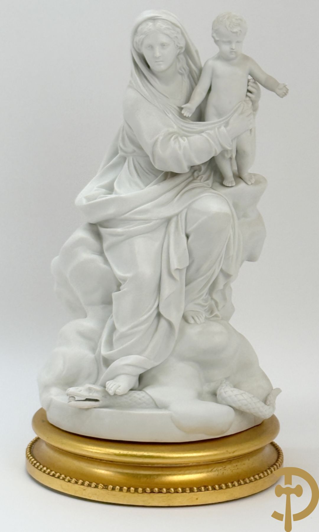Boizet getekend, witte biscuit van Madonna met kind steunende op slang, gemerkt Sèvres, op vergulde sokkel