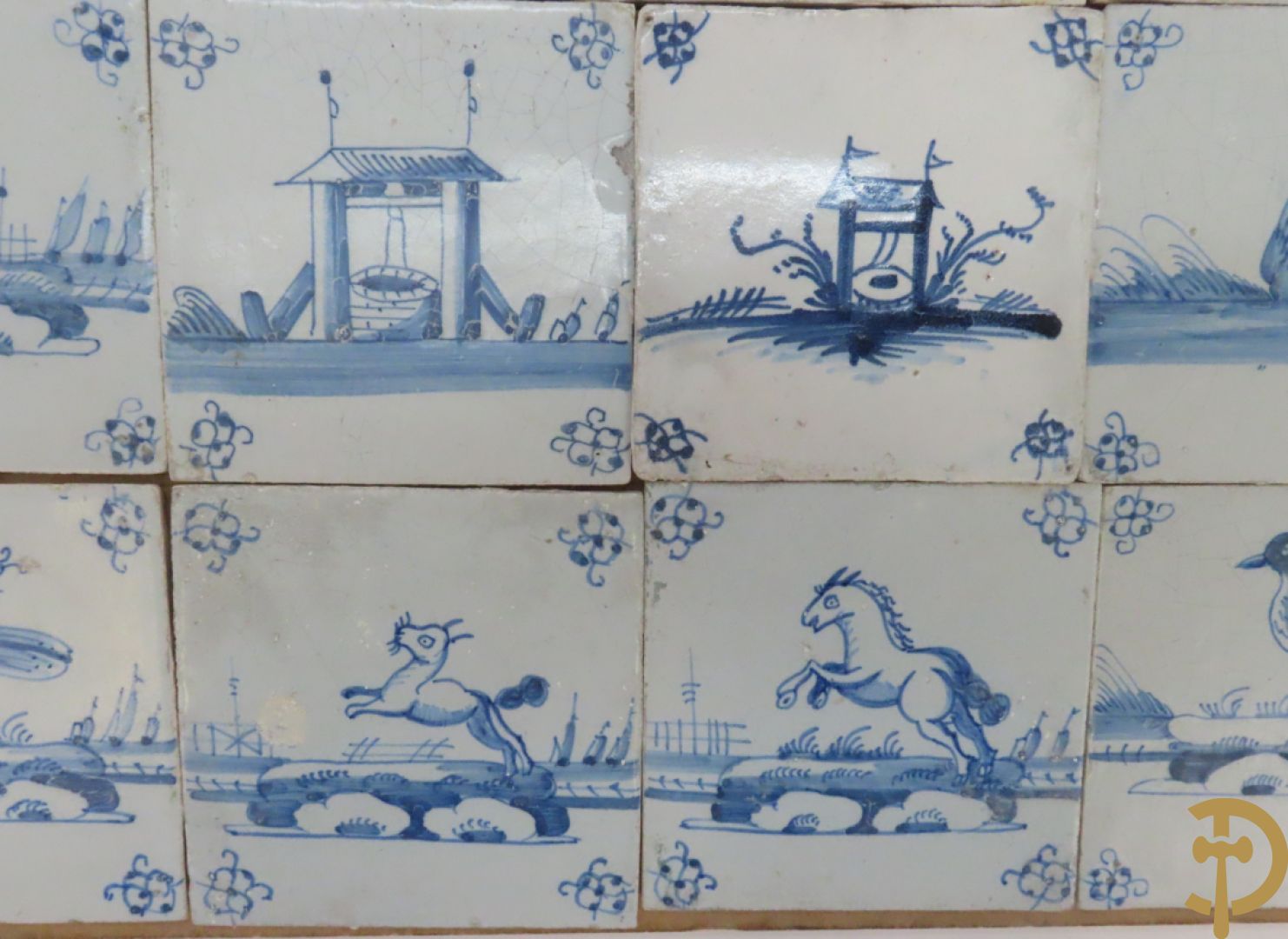 Set oude Delftse tegeltjes met landschappen, waterputten, kastelen, ...