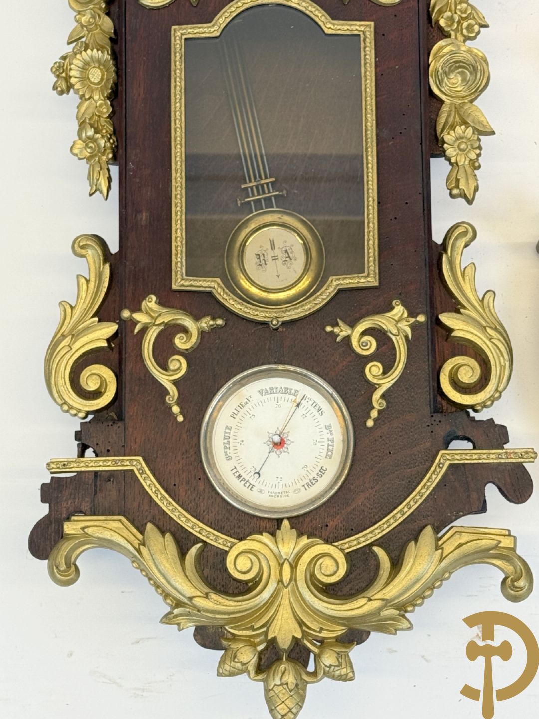 Notelaren barometer + reglateur met barometer + metalen touwtjesklok