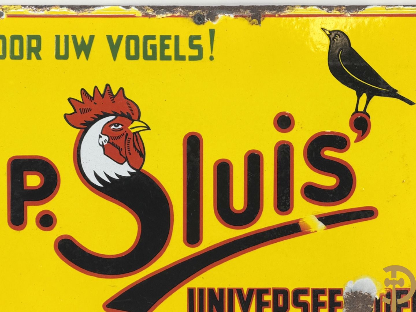 Oude emailplaat P. Sluis, voor uw vogels, universeel voer - begin jaren 