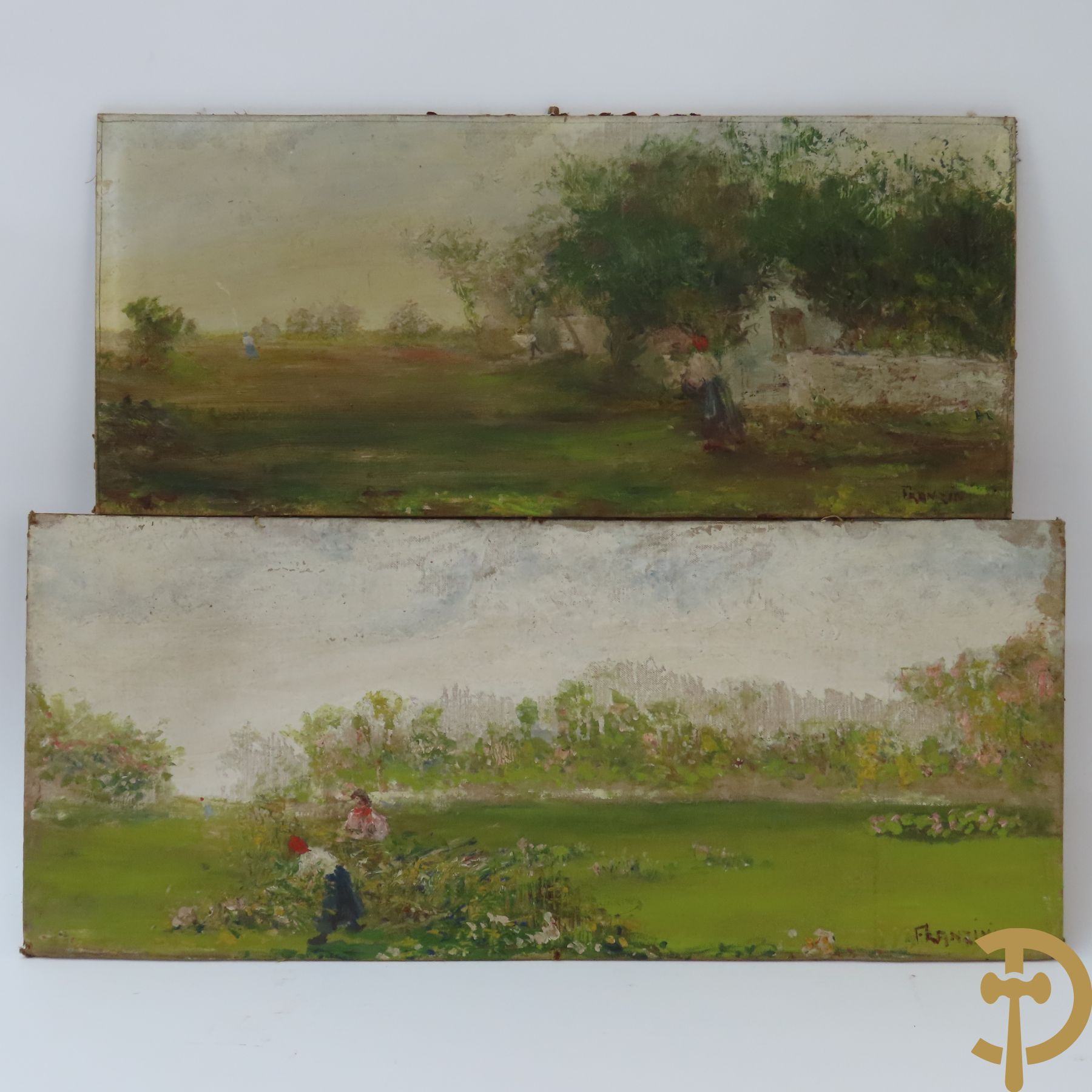 FRANZINI get. (Charles) D'Issoncourt 'Geanimeerd landschap' twee stuks olie op doek gemaroufleerd op karton