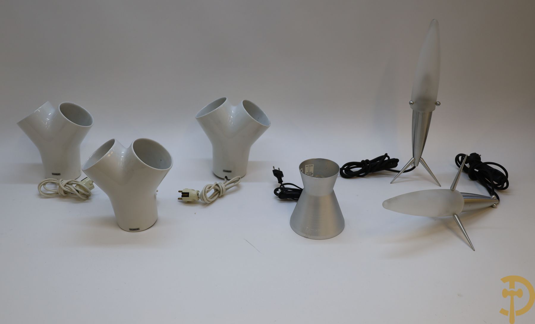 3 keramieken (hall) lampen Authentics + 2 inox raket model Nanna designer J. Lemaitre + aluminium lamp Mathmos