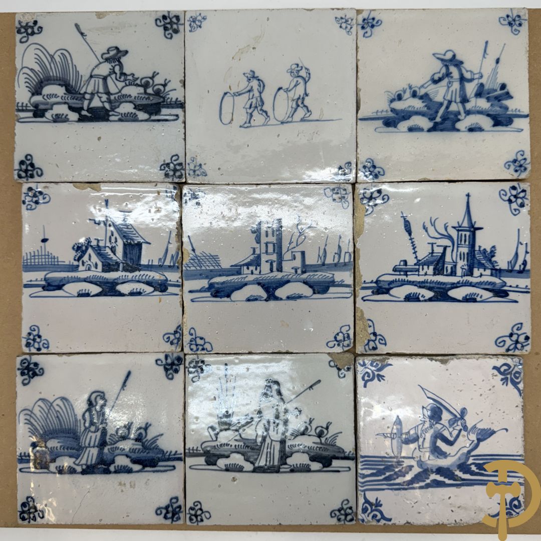 Negen Delftse tegeltjes met geanimeerd decor (6 stuks) en landschappen (3 stuks)