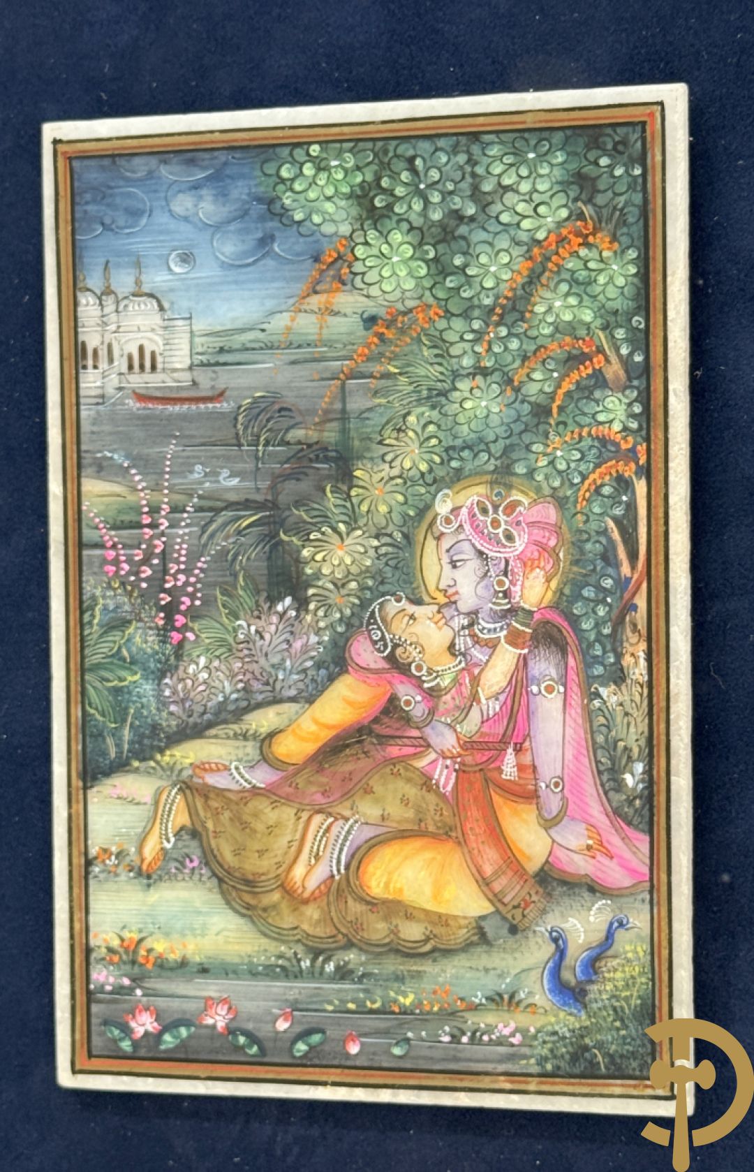 Zes Indische geanimeerde tekeningen van goden en liefdesscènes op gesteente