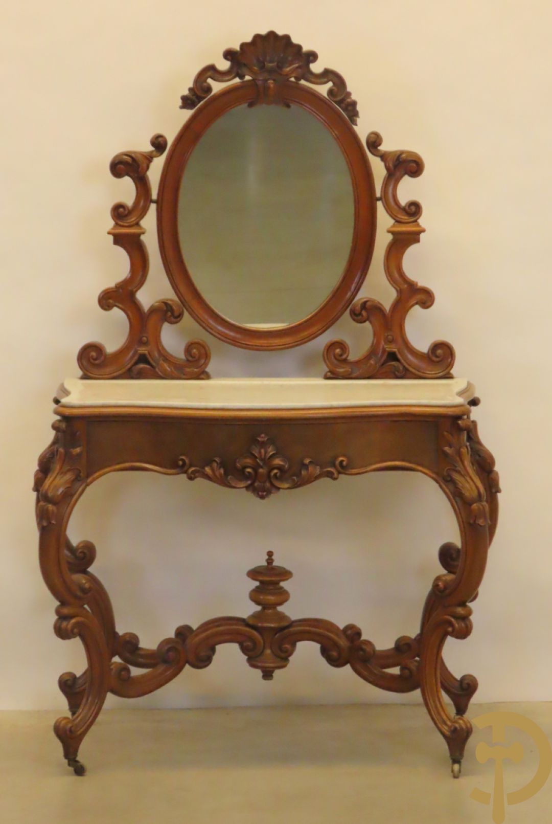 Opschiktafel Louis Philippe met accanthusranken, ovale spiegel en marmeren blad op voluutvormige poten