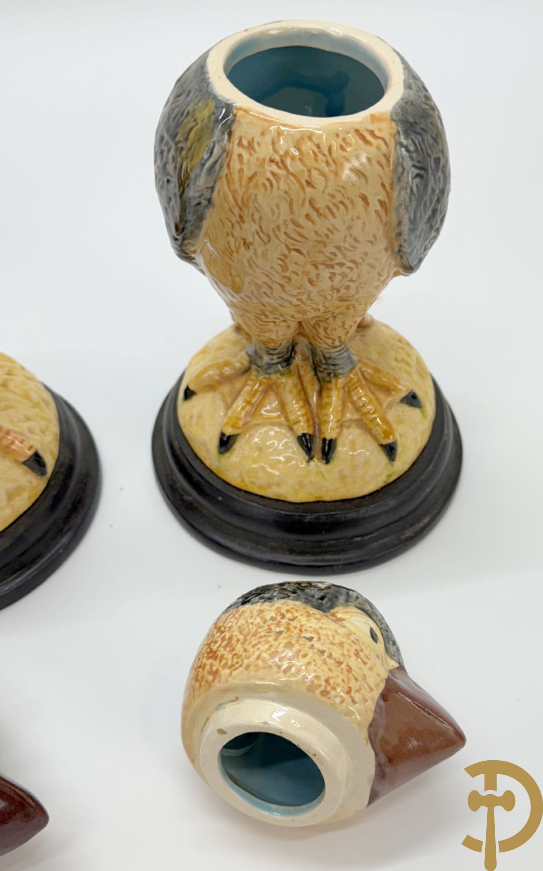 Vijf gekleurde keramieken vogels met afneembare kop, naar Martin Brothers