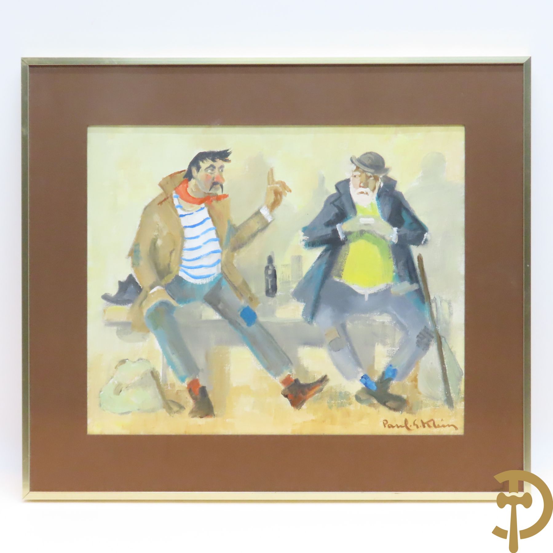 KLEIN Paul getekend 'Drinkebroers op bank' olie op doek