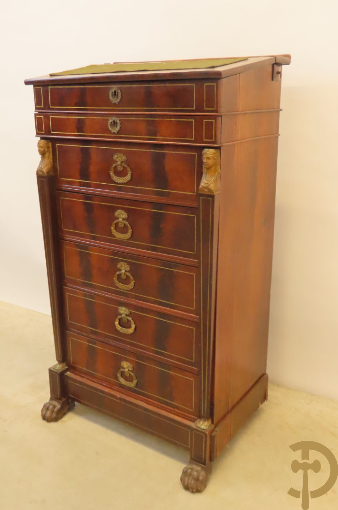 Mahoniehouten zesladenkast met schrijfblad bovenaan, Empire