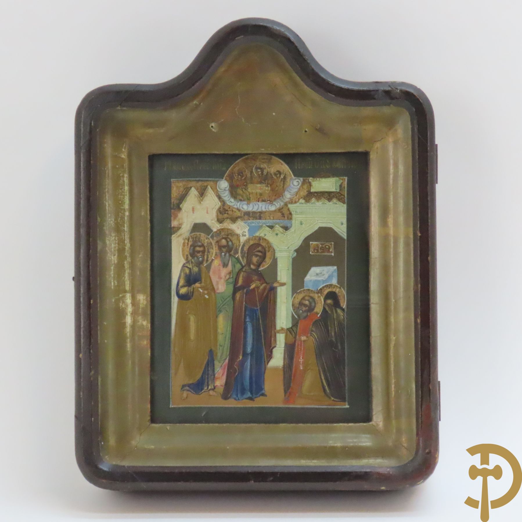 Antieke Russische ikoon 'Verschijning van de Moeder Gods aan de Heilige Monnik Sergei Van Radones' in schrijn