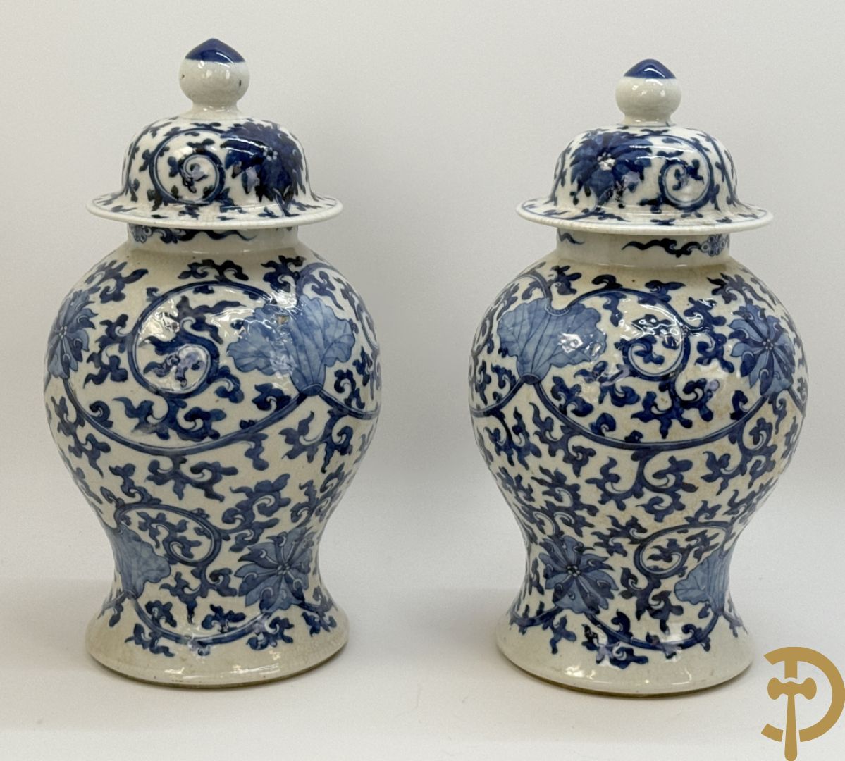 Paar Chinese dekselpotiches in blauw wit porselein met bloemendecor en accanthusranken
