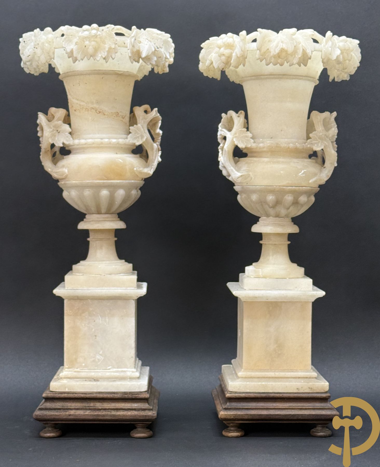 Paar handgesculpteerde albasten vazen met bloemen- en accanthusranken