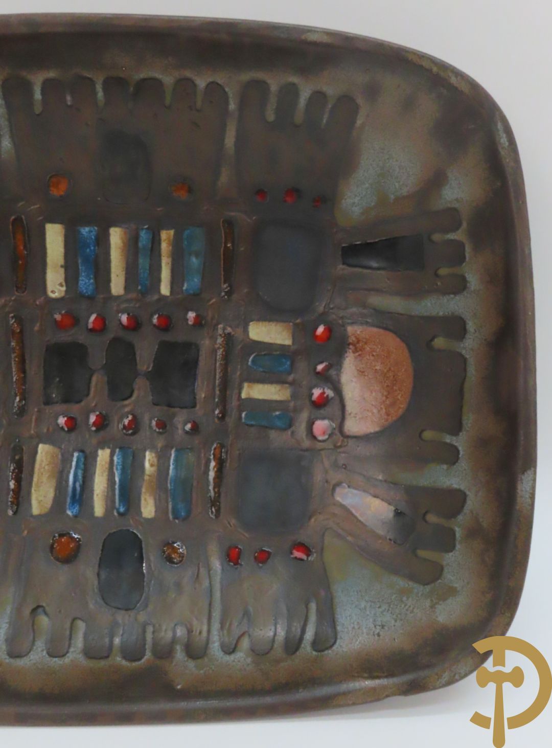 Moderne keramieken kleurrijke vintage coupe, gemerkt Perignem + Keramiek beeld van zeemeermin,  Amfora Vandeweghe