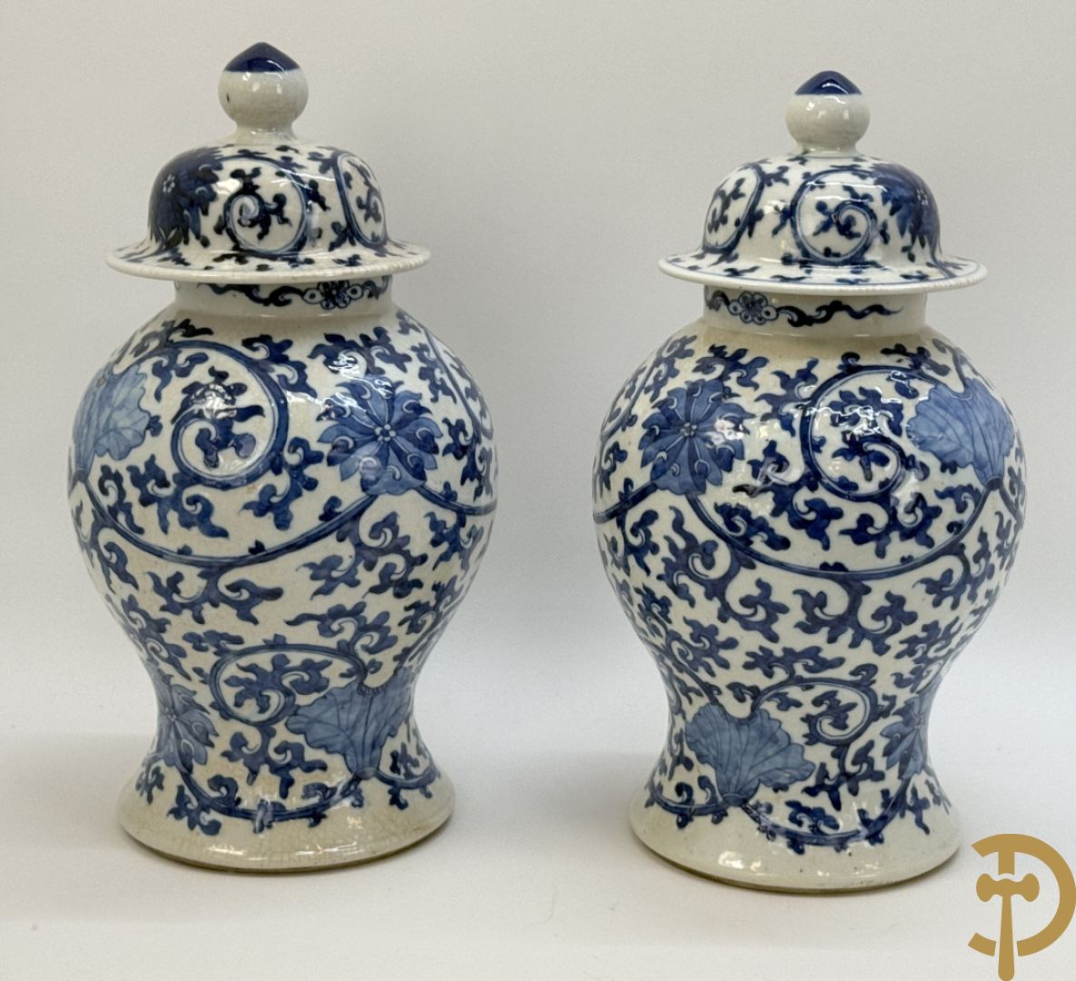 Paar Chinese dekselpotiches in blauw wit porselein met bloemendecor en accanthusranken