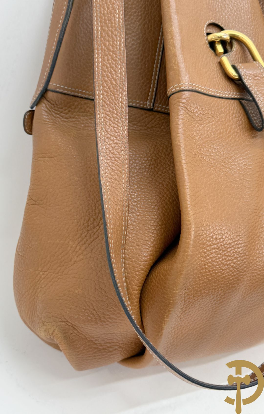 Cognac lederen schoudertas Faust Delvaux met bijhorende stoffen zak