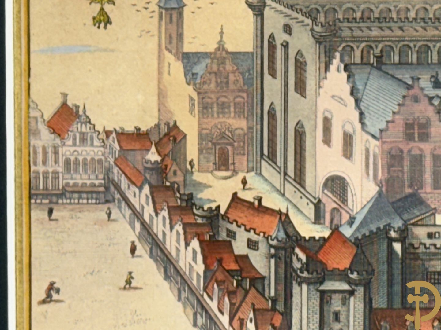 Handgekleurde kopergravure van de Kouter Gent uit Sanderus + handgekleurde kopergravure van Gravensteen uit Sanderus