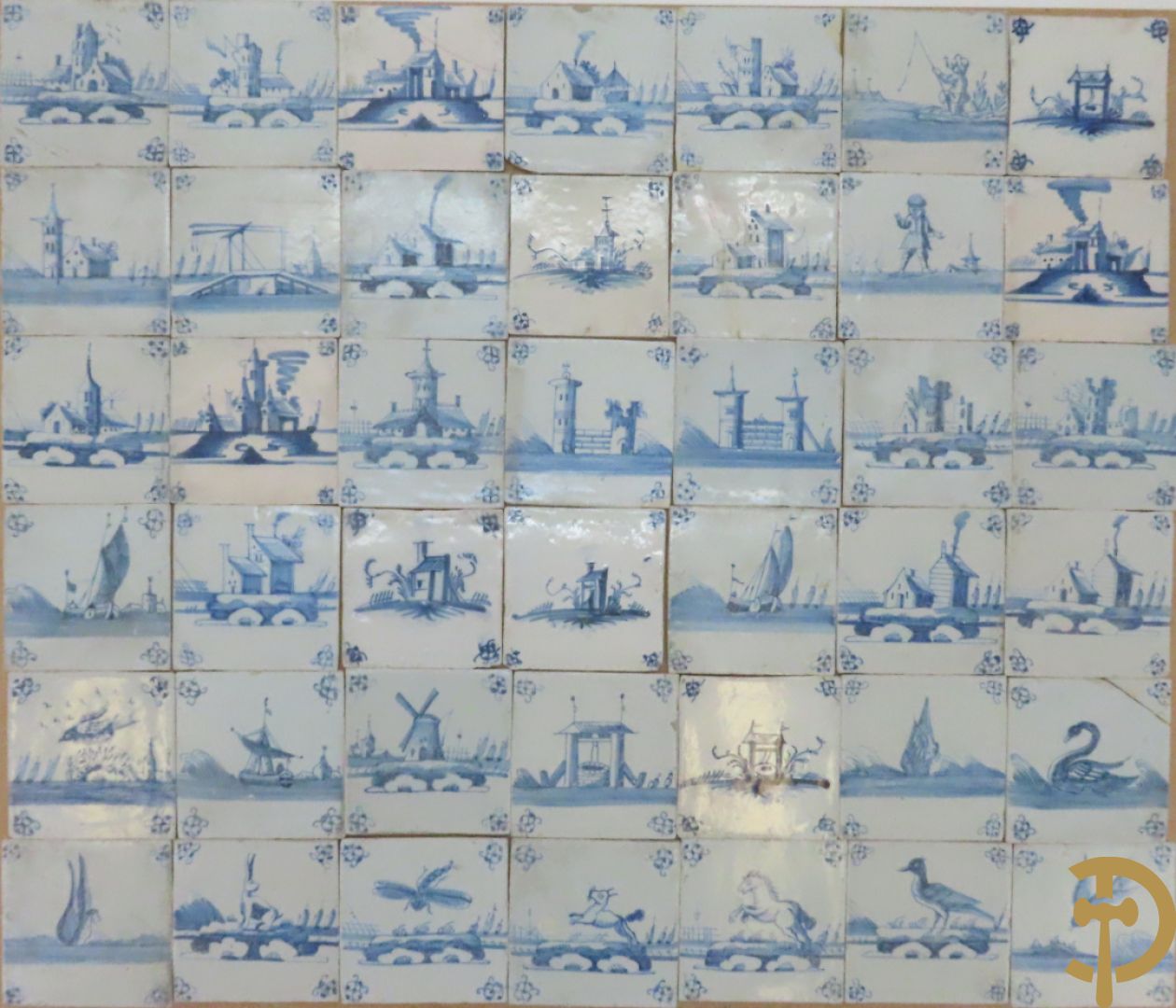 Set oude Delftse tegeltjes met landschappen, waterputten, kastelen, ...