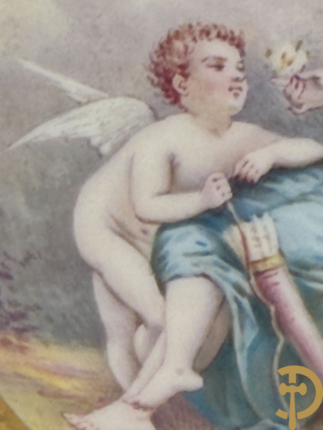 Paar Sèvres cassolettes met handbeschilderd romantisch decor van dame met cupido en landschapsdecor - met vergulde bronzen vierarmige kandelaar, Feccotte V. getekend