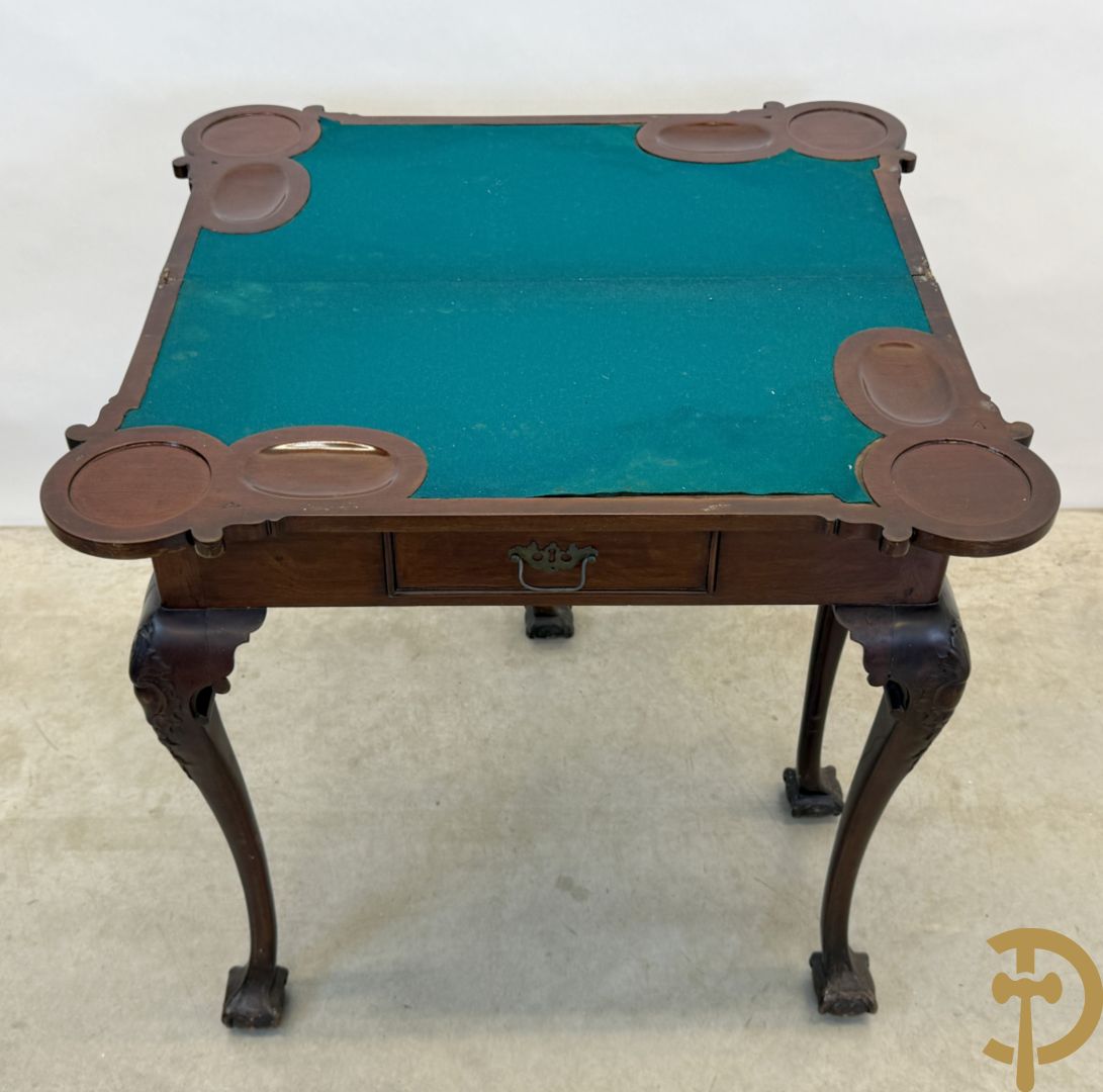 Openklapbare notelaren speeltafel met lade, op klauwepootjes, Queen Anne