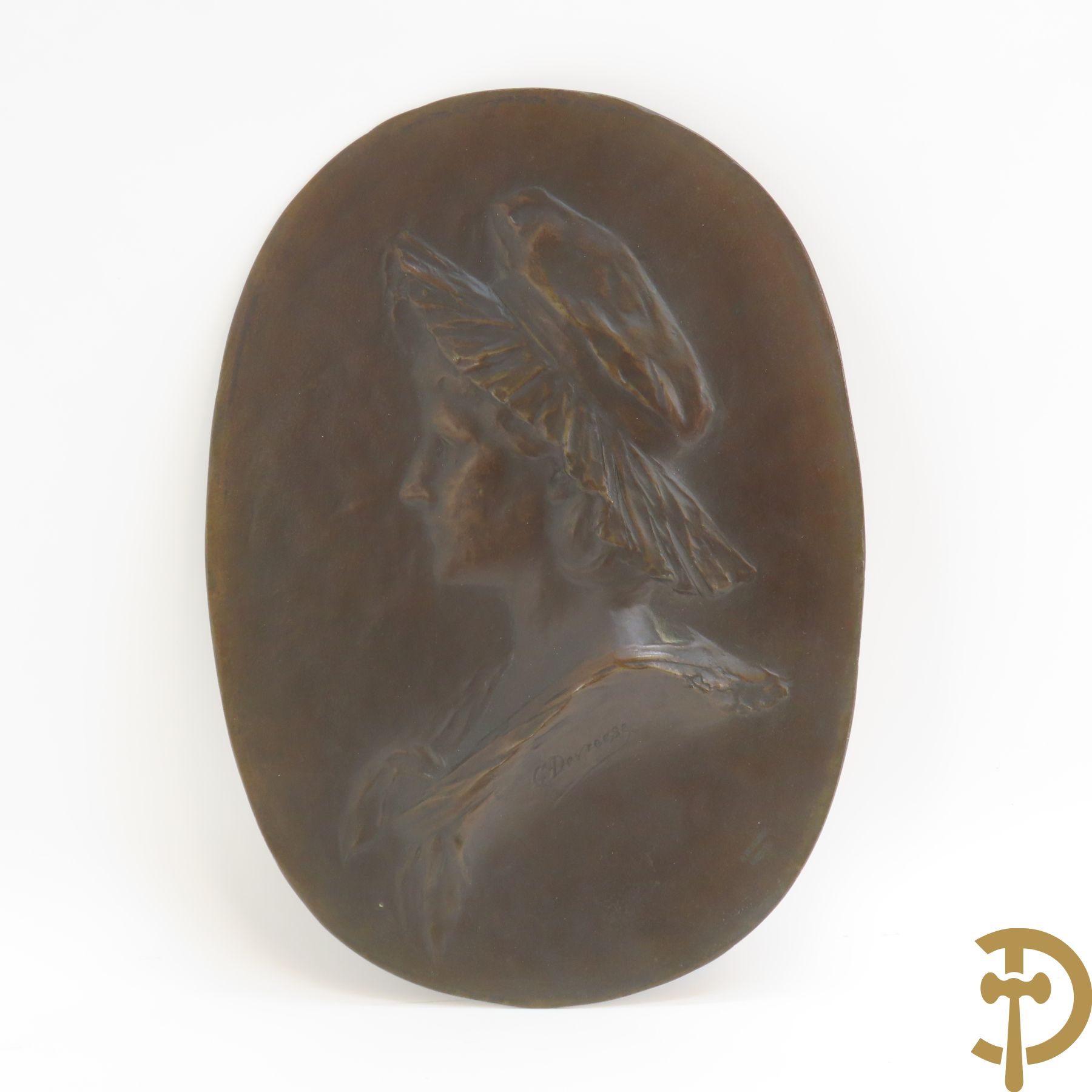DEVREESE G. get. 'Profiel van dame' ovale bronzen plakkette - door de gieterij Petermann J. Bruxelles